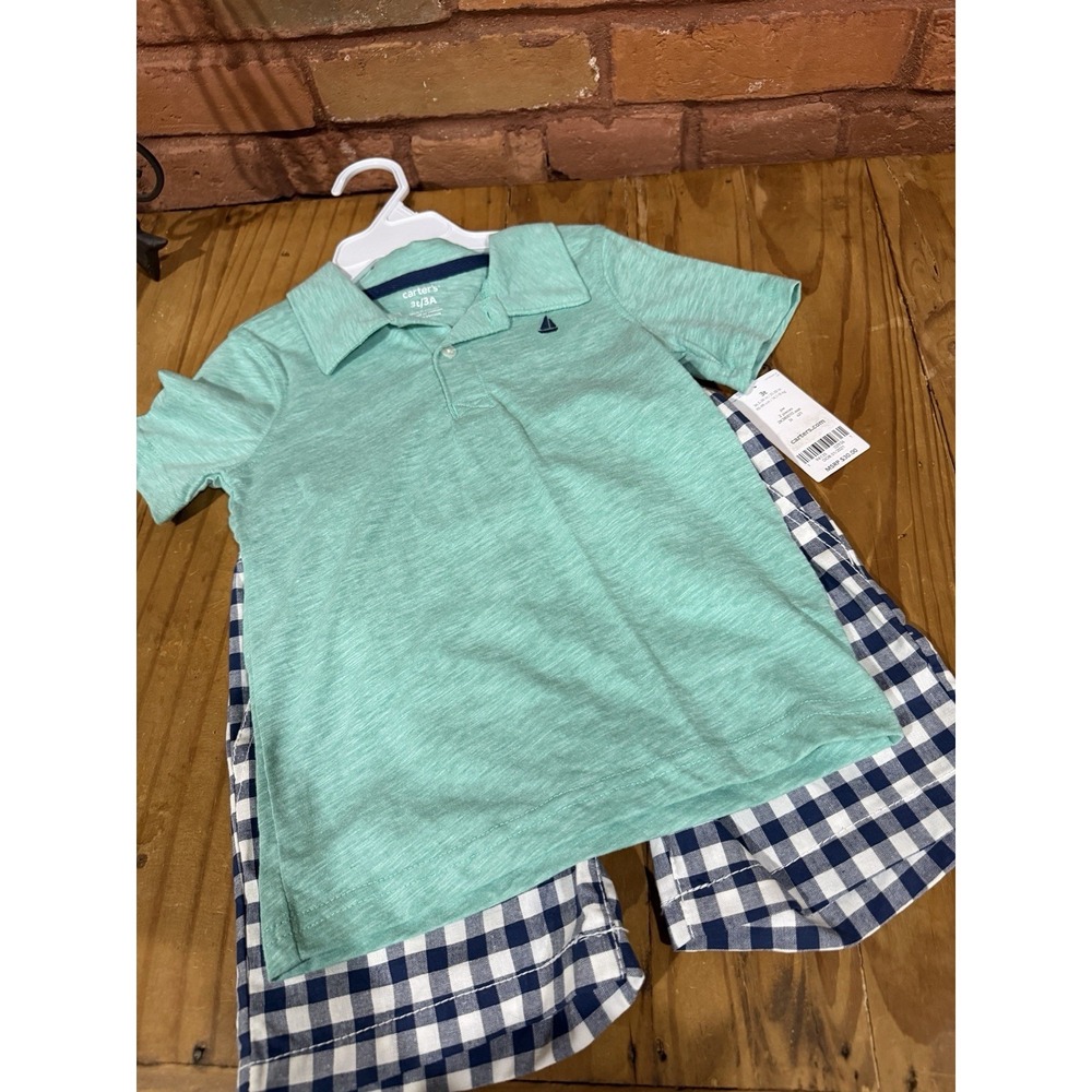 Baby Boy Carter's 3T  2 Piece Set Shirt & shorts Green Polo Navy Blue Gingham